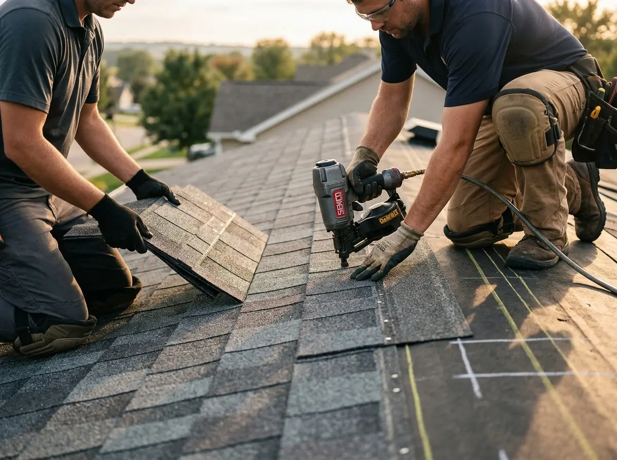 Professional roofer working on a residential roof in Tabernacle